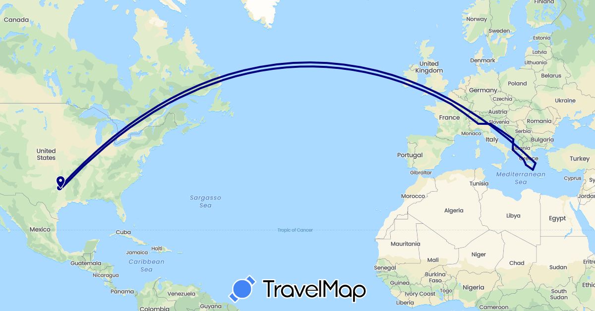 TravelMap itinerary: driving in France, Greece, Croatia, Italy, United States (Europe, North America)
